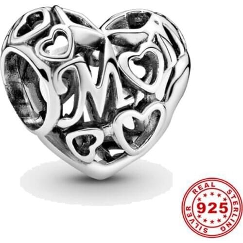925 Sterling Silver Love Heart Mom DIY fine Hollow Beads Fit Original Pandora Charm Bracelet Jewelry