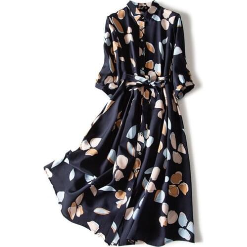 Large Size Chiffon Printed Dress Female Retro 2021 New Waist Three-quarter Sleeve Shirt Dress Loose Body Covering Bohemian Dress