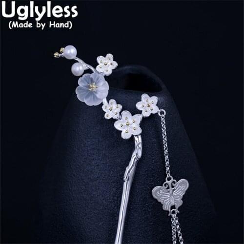 Uglyless Handmade Butterfly Tassels Hair Jewelry for Women 925 Silver Crystals Flowers Hair Sticks Plum Blossom Hair Accessories