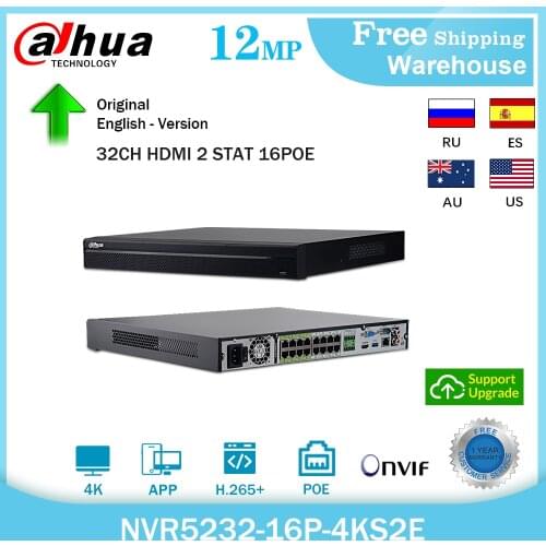 Dahua 4K 12MP NVR5232-16P-4KS2E 32 Channel 1U 2SATA 16PoE H.265+ Face detection Video Recorder For IP Camera System Kit