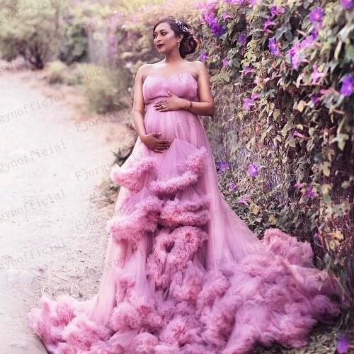 Vintage Sweetheart Pink Puffy Pregnant Women Party Gowns Tiered Ruffles Maternity Dress for Photoshoot Bridal Tulle Robes 2021