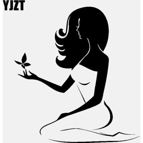 YJZT 13.1CM*14.2CM Vinyl Decal Beauty Woman Butterfly Car Stickers Decal Black/Silver C24-0160