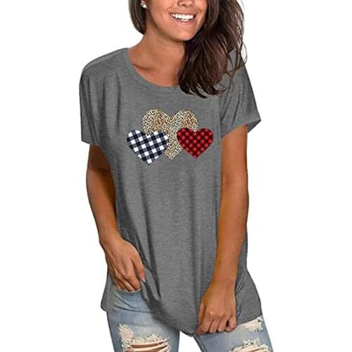 European and American Womens 2021 Valentines Day Large Square Leopard Print Heart Print Round Collar Fashion T-shirt