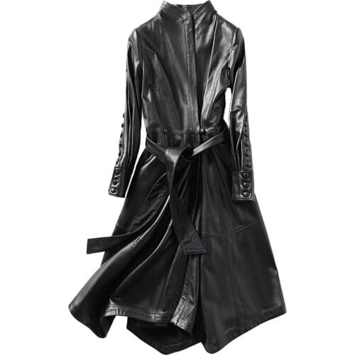 Womens Leather Jacket Mid-Length Sheepskin Slim-Fit Lace-Up Waterproof Breathable And Warm Ladies Jacket Casual Commuting Style