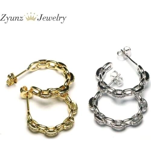 5 Pairs, Cubic Zircon Fashion Jewelry Geometric Stud Earrings CZ Micro Paved Gold / Silver Color Link Chain Earring For Female