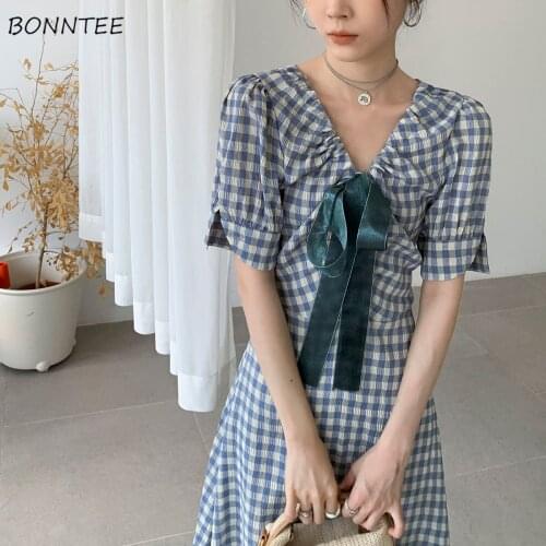 Dresses Women Casual Plaid Tender Ladies Elegant Girls Folds A-line All-match Lace-up V-neck Fashion Ulzzang Chic Newest Stylish