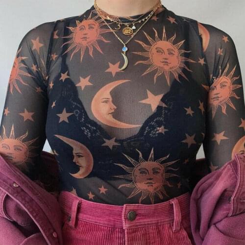 Women Sheer Mesh T-Shirts Long Sleeve Stars Moon Sun Printing Crop Tops Tee Transparent T-Shirt Perspective T Shirt