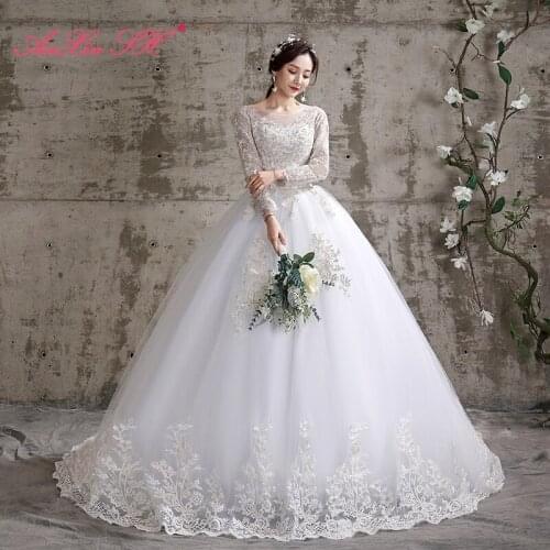 AXJFU luxury princess white flower lace wedding dress ball gown vintage o neck illusion long sleeve party train wedding dress