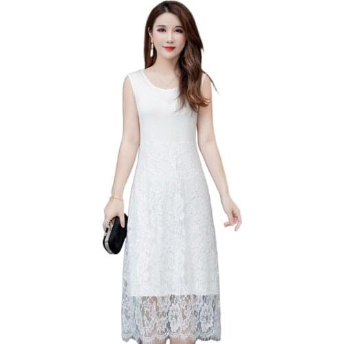 Womens Spring And Summer Wear Sleeveless Vest Suspender Mid-Length Lace Loose Inner Base Dress