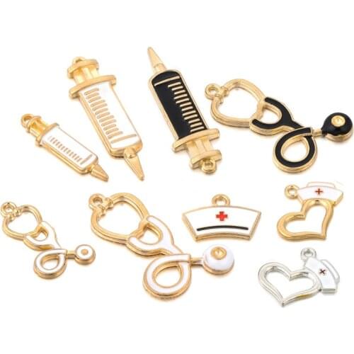 10pcs Nurse Stethoscope Syringe Charms Pendant Enamel Metal Small Charms Necklace Bracelet For DIY Jewelry Making Accessories