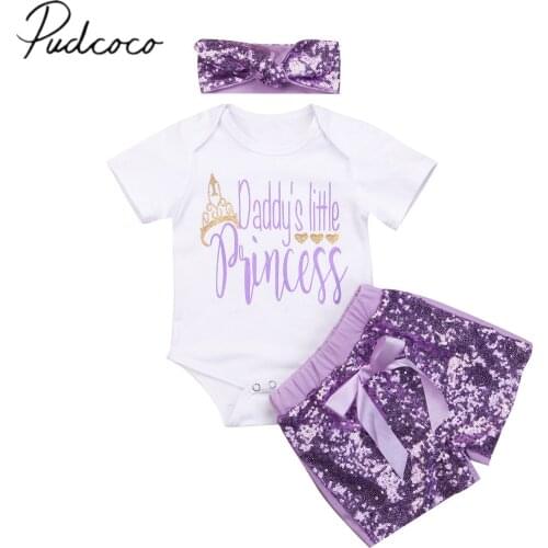 2018 Brand New Newborn Toddler Infant Baby Girls Daddys Princess Romper Sequins Shorts Pants Headband 3Pcs Outfits Set Clothes