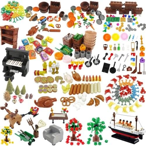 Locking City Food Fruit Small Gold Box Piano Bookcase Building Blocks Educational Toys Assembly Splicing Accessories Citys Model