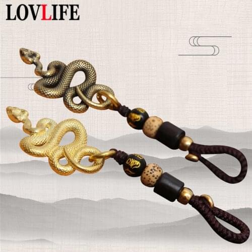 Pure Copper Zodiac Snake Keychain Pendants Jewelry Vintage Brass Animal Python Lanyard Keyring Hanging Punk Car Key Chain Rings