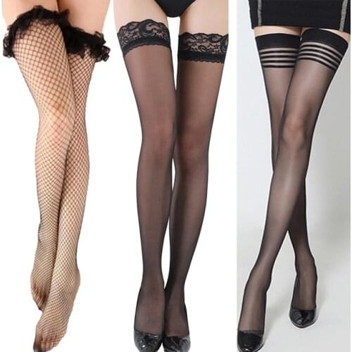 3Pairs Women Sexy Stockings Lace Soft Top Thigh High Nets Fishnet Over The Knee Socks Nightclubs Pantyhose Tights Black Medias