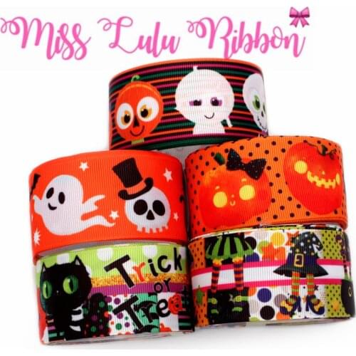 16mm-75mm Colorful Stripes Ghost Pumpkin Printed Grosgrain/Elastic Ribbon DIY Halloween Party Decor Hair Bowknots 50yards/roll