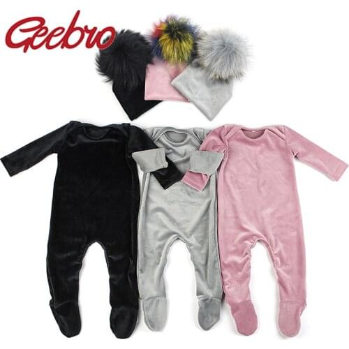 Geebro Newborn Baby Boys Girls Long sleeves Jumpsuits Soft Velvet Footies Baby Bodysuits Clothes pajama Pompon Beanies Hats Set