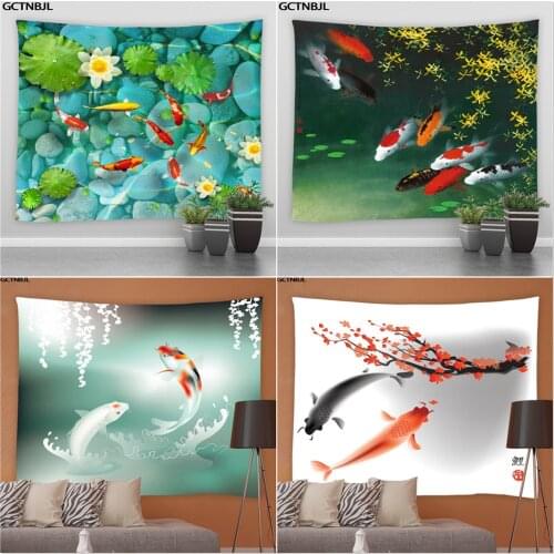 Landscape Tapestry Koi Fish Lotus Scenery Living Room Bedroom Tapestries Hippie Garden Background Wall Tablecloths Home Decor