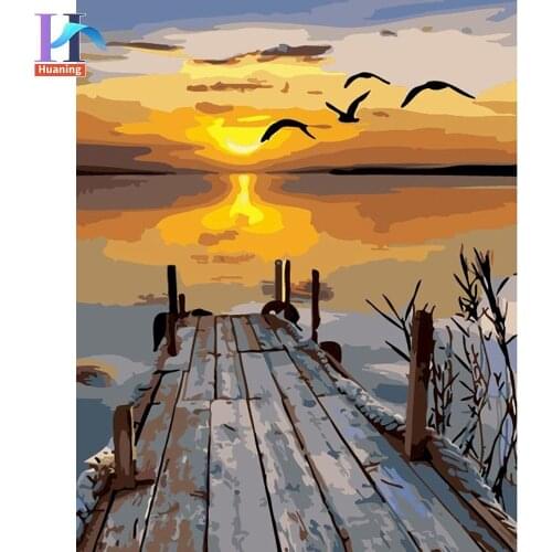 Huaning Framed Painting By Numbers Kits Adults DIY Gift Sunset Bridge On River Landscape Paints By Number Wall Art Pictur
