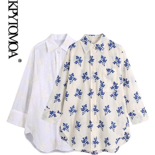 KPYTOMOA Women 2021 Fashion Patch Pocket Loose Embroidery Blouses Vintage Long Sleeve Button-up Female Shirts Chic Tops