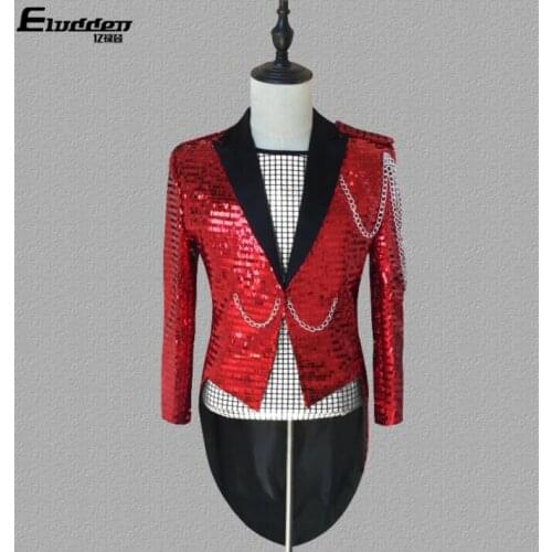 Red sequined Blazer men tuxedo suit personality mens suits costume singer star style dance stage clothing formal dress fashion