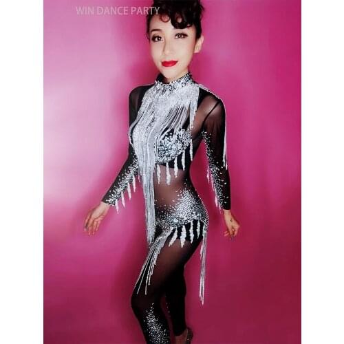 Flashing Silver Rhinestones Mesh Black Jumpsuit Stones Tassel See Through Clothes Womens Dance Show Female Singer Prom Outfit