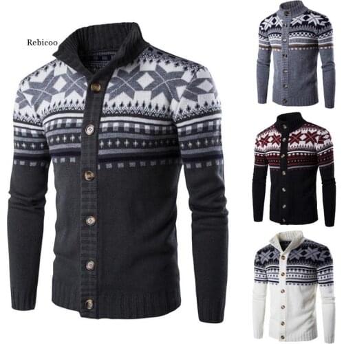 Mens Cardigan Sweaters Autumn Warm Christmas Sweater Men Fashion Printed Jacket Coat Casual Stand Collar Knitting