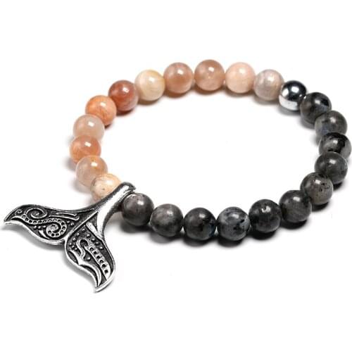 Natural Orangel Sun Stone with Labradorite Beads Bracelet For Women 8mm Hematite and Fish tail Charm Summer Jewelry Gift