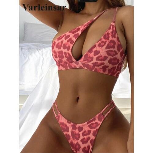 New Leopard Asymmetric Bikini Female Swimsuit Women Swimwear Two-pieces Bikini set One Shoulder Bather Bathing Suit Swim V2884