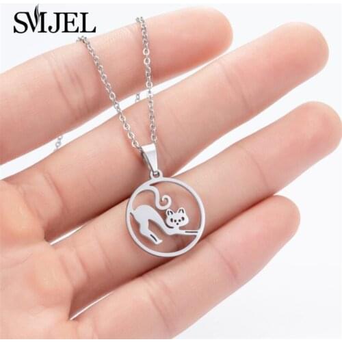 Personalize Cat Jewelrys Stainless Steel Jumping Cat Pendant Necklaces for Girls Korean Little Cat Moon Hanging Cat Choker Set