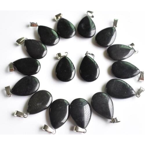 Fashion bestselling top quality natural Obsidian flat water drop charms pendants jewelry 24pcs wholesale free shipping