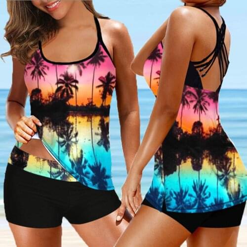 Sexy Bikinis 2021 Woman Plus Size Swimwear Women Bathing Print Strappy Back Tankini Two Piece Swimsuit Swimdress With Shorts
