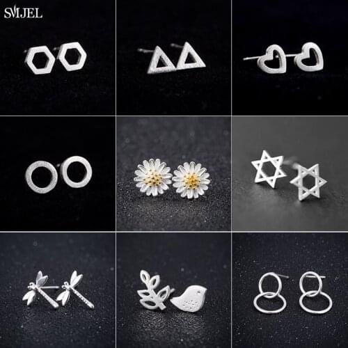 Real 925 Sterling Silver Earrings Small Mini Heart Round Triangle Stud Earrings Women Child Earings Hypoallergenic Jewelry Gift