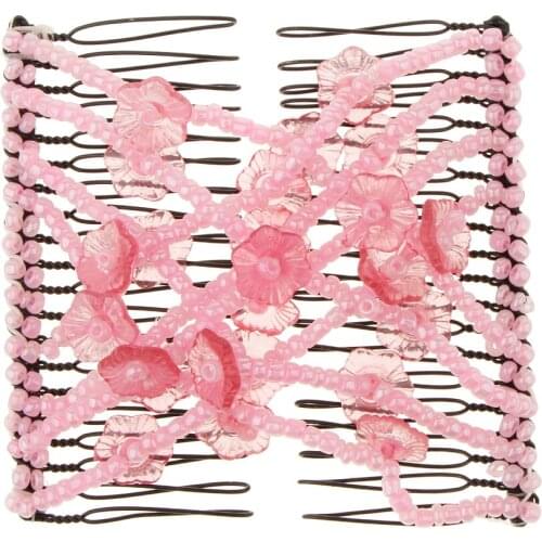 Stretch Flower Bow Glass Beaded Hair Head Comb Elastic Double Slide Clips