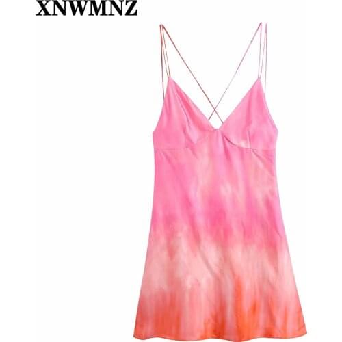 XNWMNZ Women tie-dye Backless mini dress Ladies Sexy v-neck back cross thin straps invisible side zip a-line skirt Summer Dress