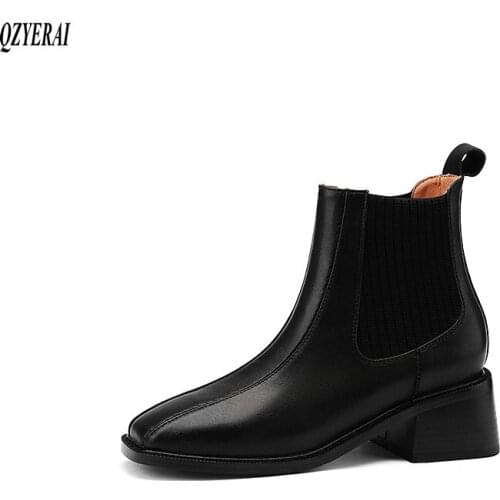 Women boots Ankle boots Genuine leather Chelsea boots Square head Fashion boots 2020 new autumn and winter cowhide Women shoes