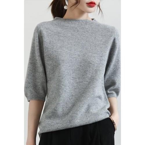 Spring and autumn 100% wool knitting ladies mid-sleeve round neck short solid color loose and thin all-match pullover sweater