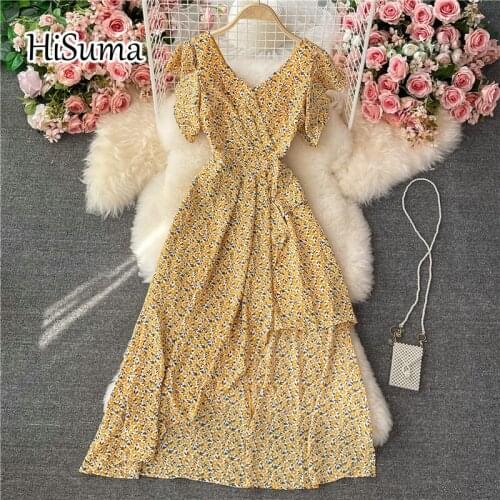 2021 summer new women V-neck flying sleeve flower print chiffon A-line dress female Chic elegant waist irregular party dresses