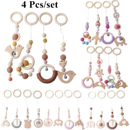 4 Pcs Wooden Baby Play Gym Frame Beech Ring Stroller Hanging Pendants Newborn Activity Gym Fitness Rack Rattle Toys Room Decor