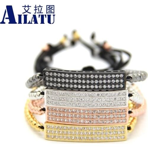 Ailatu New Fashion Mens Braided Macrame Bracelet 4mm Bronze Beads Weave Cubic Zirconia Tube Jewelry