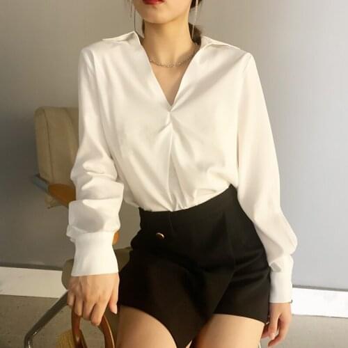 Elegant Autumn Shirts Long Sleeve V-neck Solid Womens Blouses 2021 Casual Loose Slim Tops Chemise Femme 9320