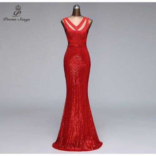 Elegant New evening dresses party sequins evening gown V-neck sexy mermaid dress beading unique vestidos de fiesta de noche