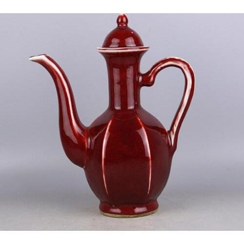 Antique QingDynasty porcelain pot,red glaze six-square jug,Hand- carving crafts,Decoration,Collection&Adornment,Free Shipping