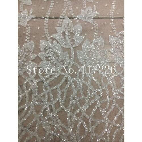 Hot selling glued glitter sequins lace fabric high quality African French tulle Lace Fabric JRB-52641 for party in clear white