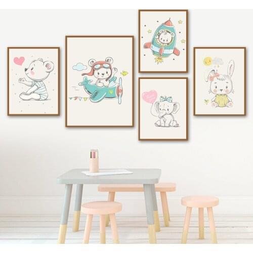 Bunny Elephant Bear Moon Rocket Airplane Wall Art Canvas Painting Nordic Posters And Prints Wall Pictures Kids Kawaii Room Decor