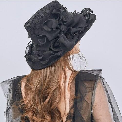 Lace Wedding Hats for Women Black Elegant Organza Sunshade Foldable Bow Hats Wedding Accessories Outdoor Bridal Headwear