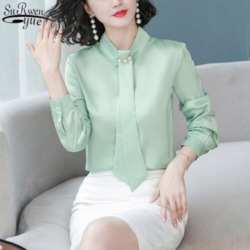 Autumn Korean Satin Blouse Loose Silk Shiny Chiffon Pullover Shirt Bottoming Shirt Long Sleeve Sequined Bow Womens Tunic 10883