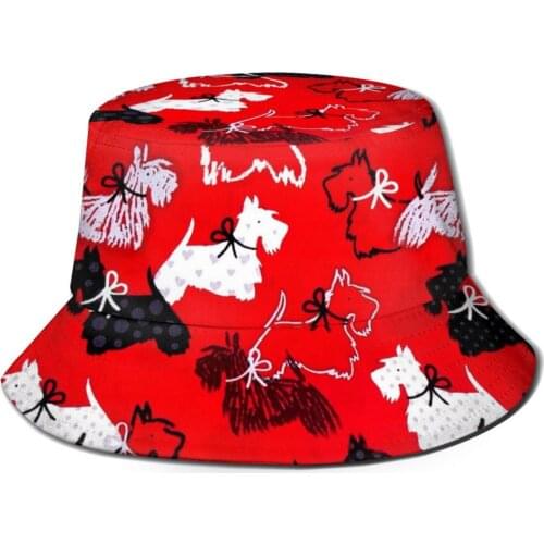 Red Westie Print Summer Women Panama Bucket Hat Scottie Dog Flat Sun Visor Fishing Fisherman Bob Hat Chapeu Femmes Hip Hop