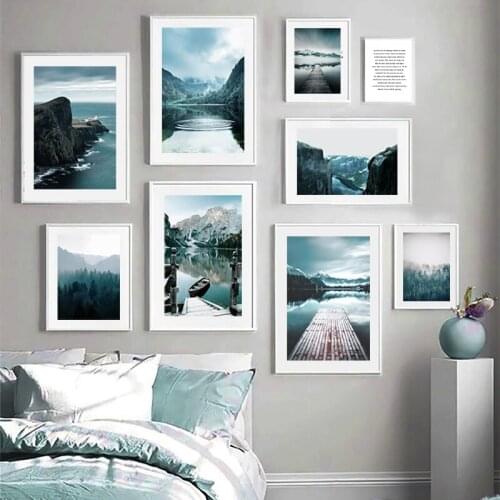 Nature Landscape Painting Lake Snow Mountain Canvas Poster Nordic Style Art Print Forest Wharf Quotes Wall Decoration Picture