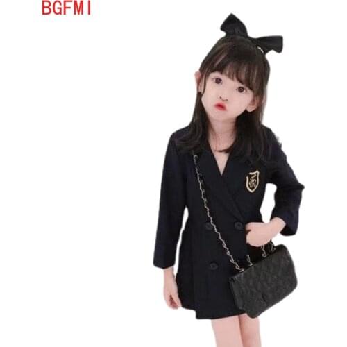 Girls Suit Dress 2021 Spring Baby Gray Double Breasted Long Sleeve Pleated College Style Dresses 2-8 Year Old Baby Girl Clothes