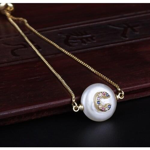 Rainbow Colors CZ Gold Bracelet C Initial Best Letter Natural Freshwater Pearl Bracelet For Women Girl Name Jewelry